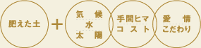 肥えた土+気候、水、太陽、手間ヒマ、コスト、愛情、こだわり